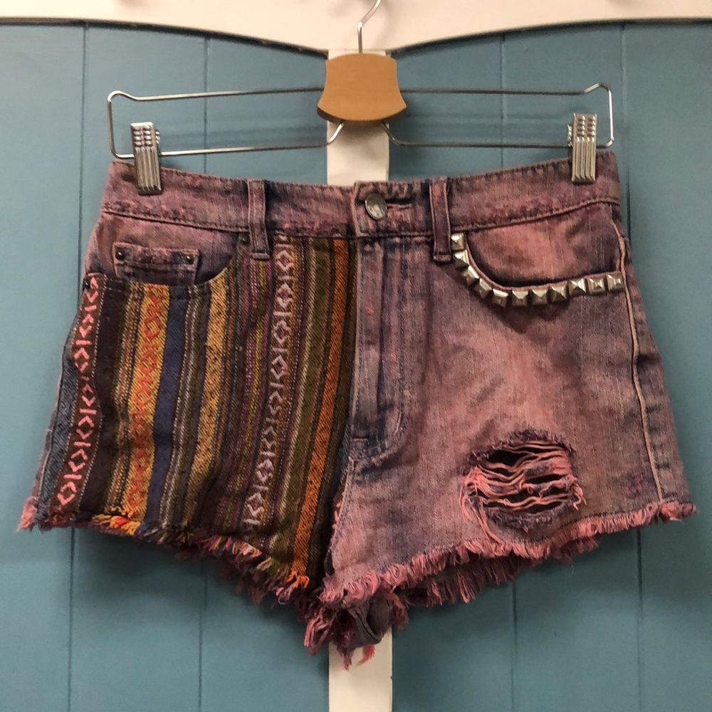 BDG Pink Acid-Wash Jean Shorts with Multicolor Woven Side Panel